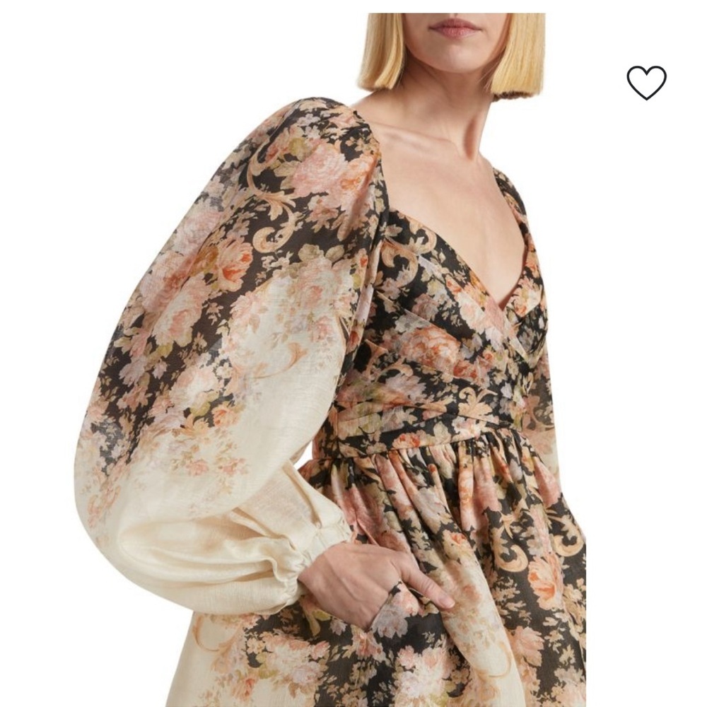 Zimmermann Floral Puff-Sleeve Mini Dress in Cream, Black and Pink - Picture 4 of 12